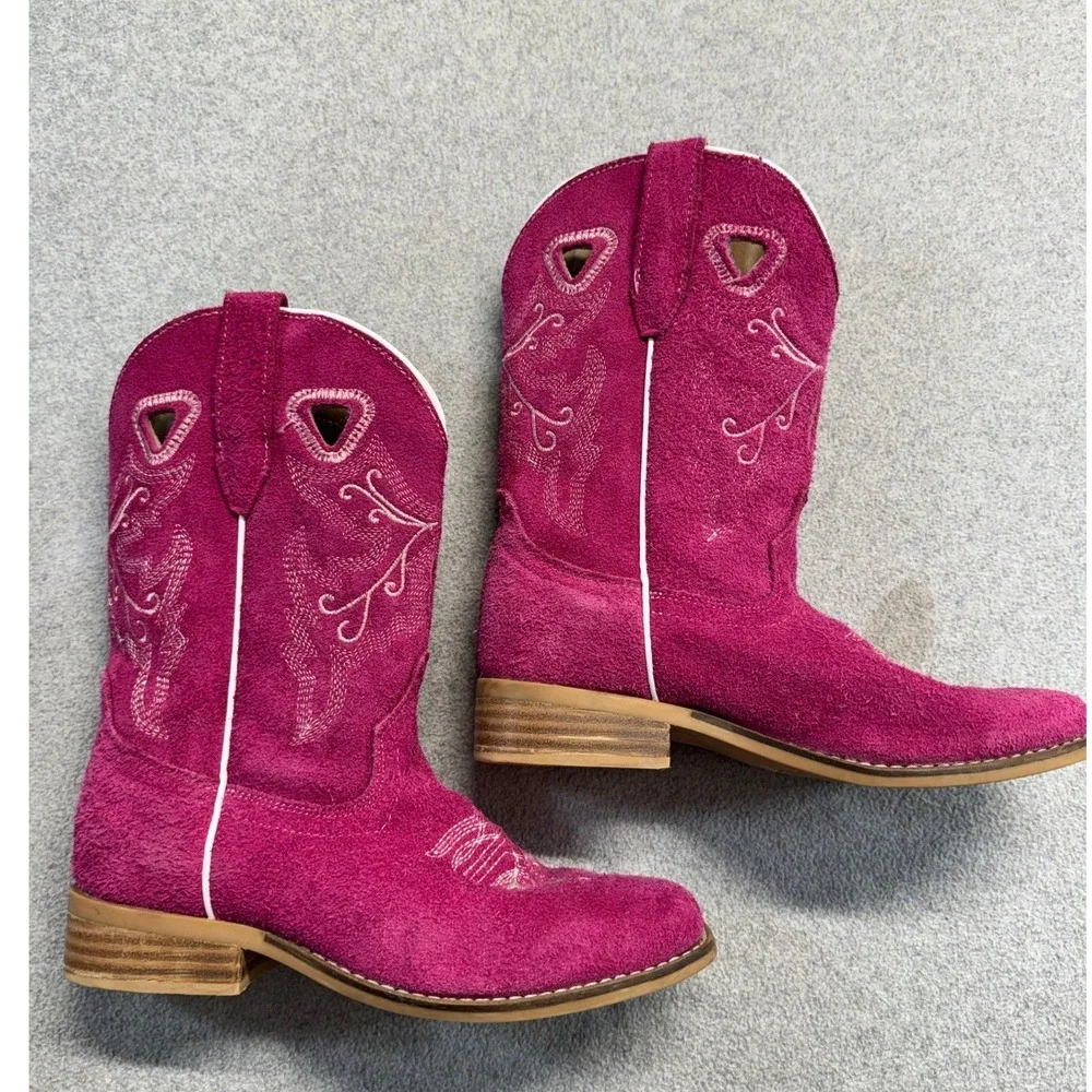 Dingo Cowboy Boots Kids Size 3 Hot Pink Suede Leather Western Square Toe
